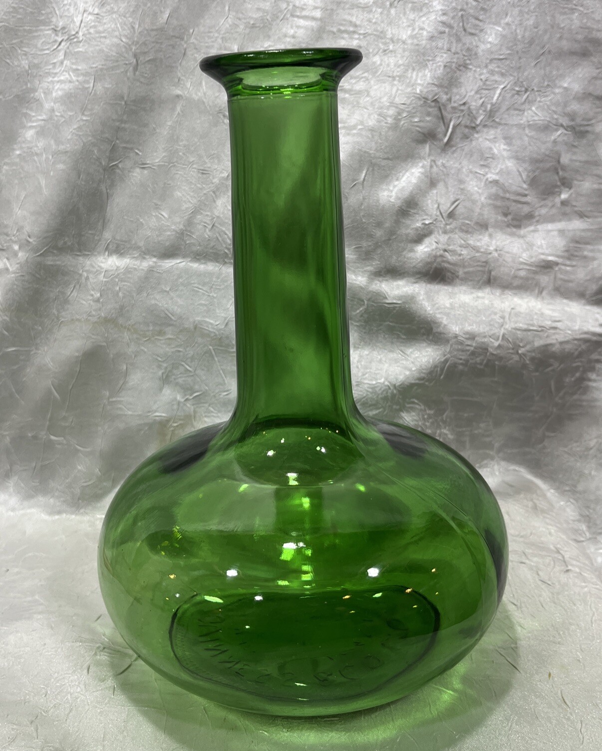 Vintage LJ McGuiness Green Glass Liquor Bottle 25oz-Empty 7.5” Tall Boho Genie