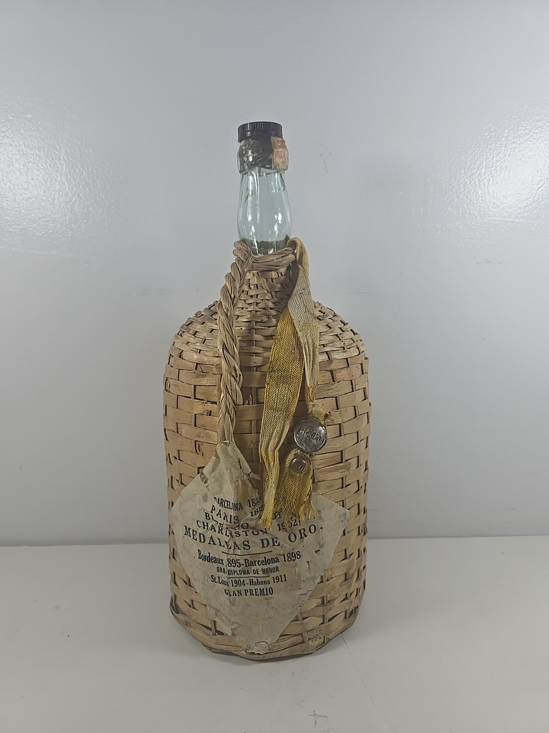 Vintage Ron Bacardi Superior Rum Collectible Empty Glass Bottle Wrapped Wicker