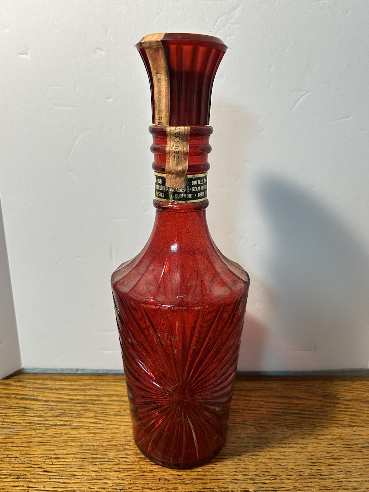 Vintage 1974 Jim Beam’s Choice Red Glass Sunburst Decanter Bottle Empty 11”