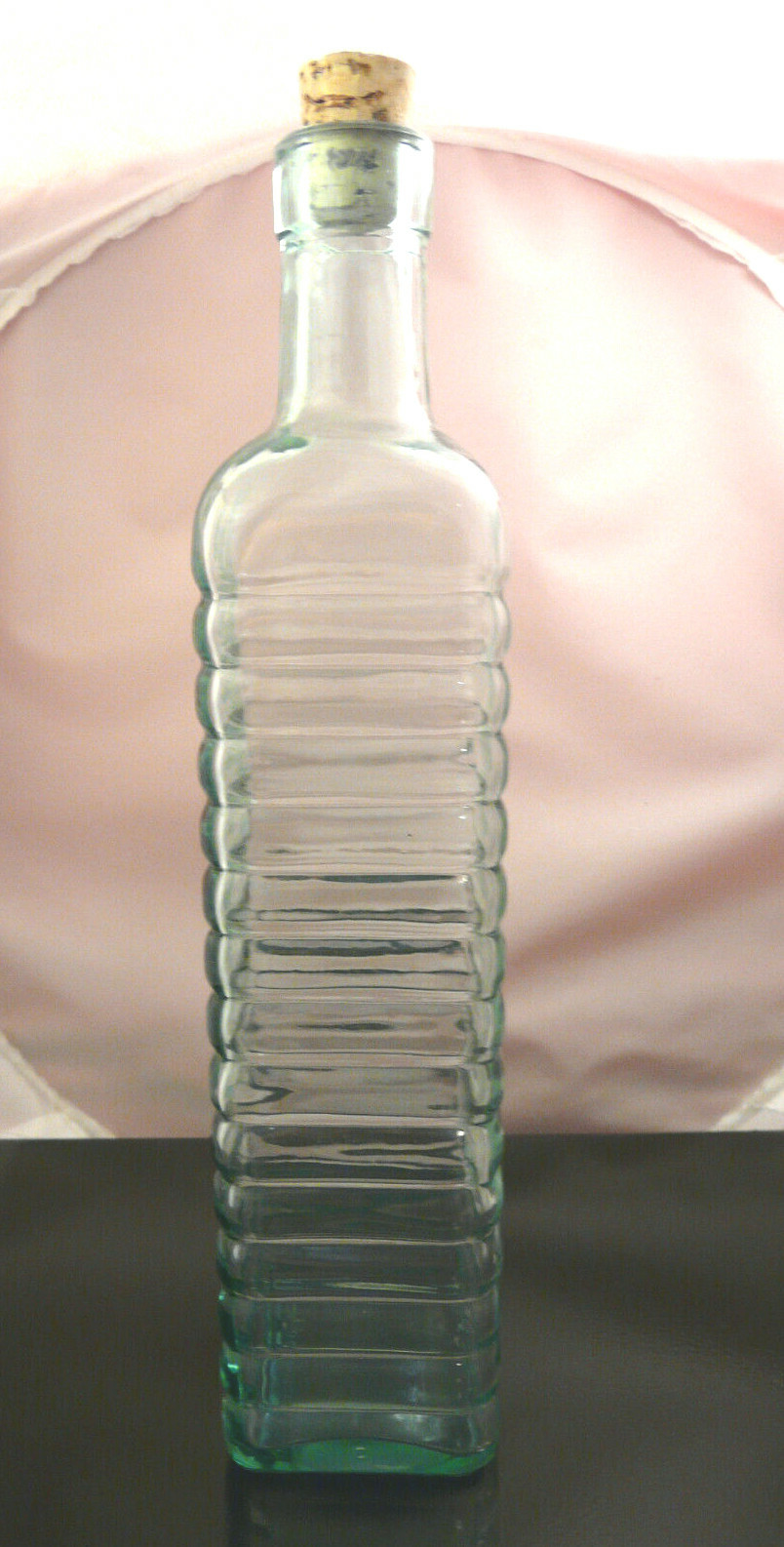 UNIQUE SHAPE 11 1/2″ LT GREEN 16 OZ. SQ. LIQUOR BOTTLE – 1 OZ. MARKINGS – CANADA
