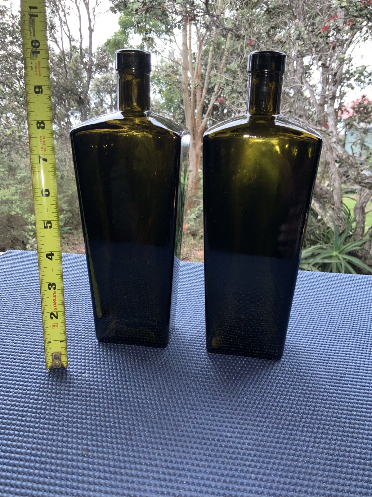 2 Gin Whiskey Bottles Square Sides Olive Green Corkable Empty 011