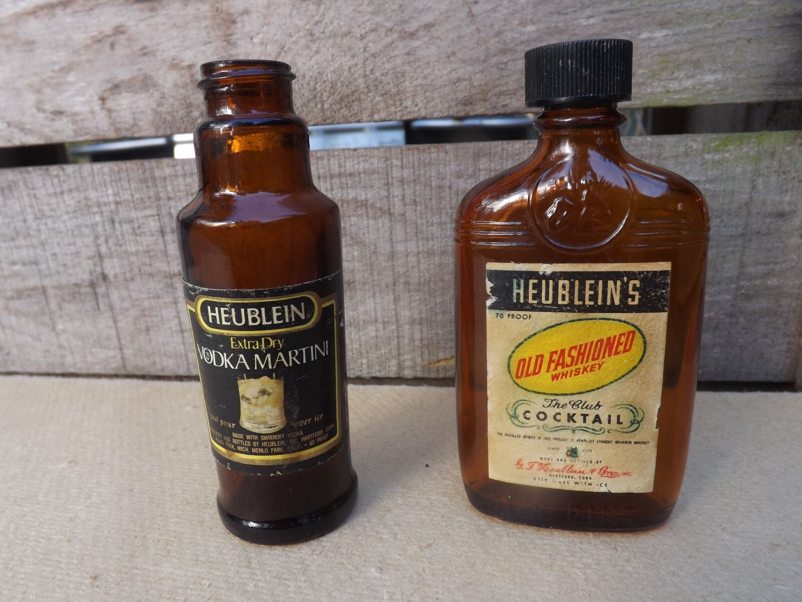 2 Vintage Heublein’s Martini & Cocktail 1/8th Pint Empty Brown Glass Bottles