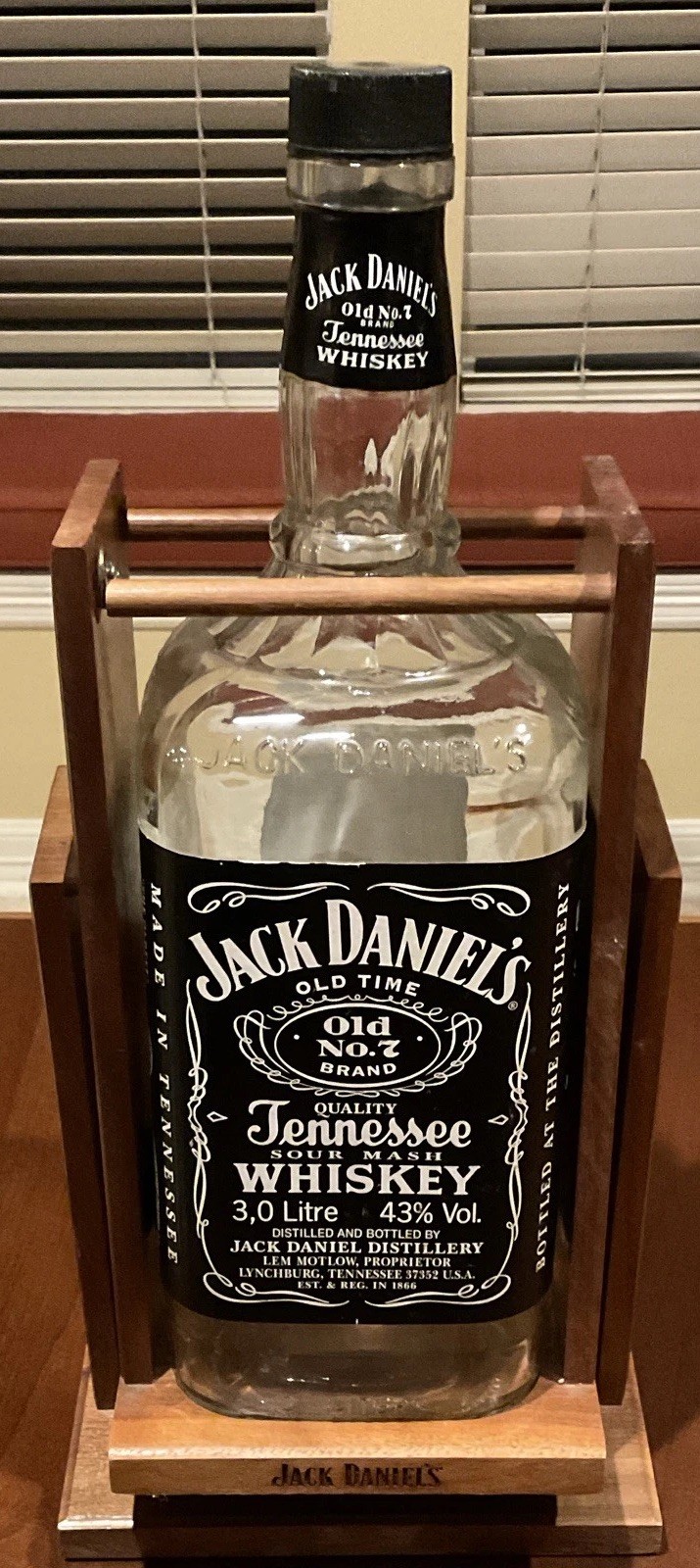Jack Daniel’s Old No. 7 Tennessee Whiskey 3L Clear Empty Bottle w/Wooden Cradle
