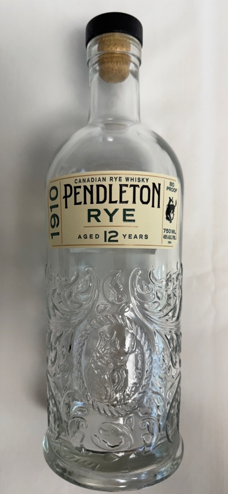 Empty 1910 Pendleton Canadian Rye Whisky Bottle 750ml Arts Crafts Embossed Glass