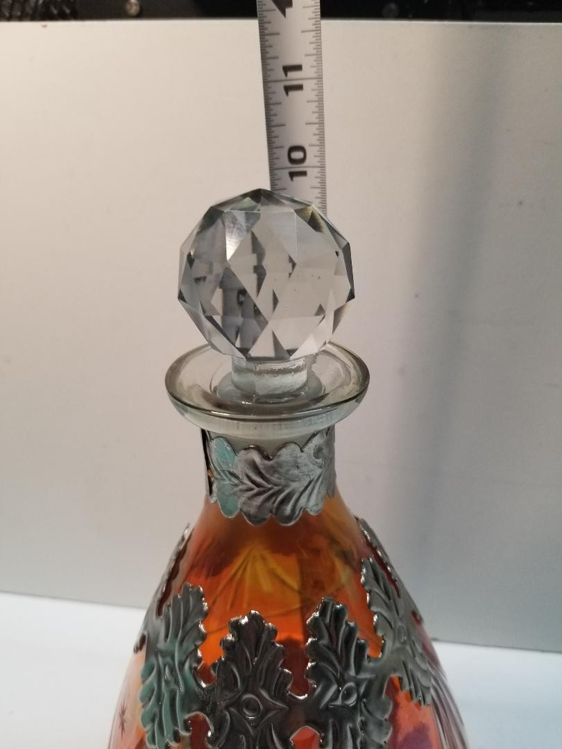 Decanter Circa 1900’s Made in Germany Cut Glass Silver Overlay Red Pink Orange