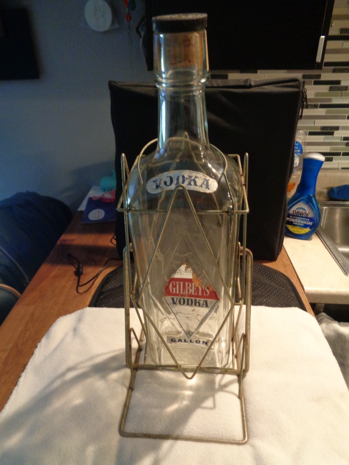 Vintage 1960s 1 Gallon Gilbey’s Vodka Glass Decanter Bottle in Automatic Pourer