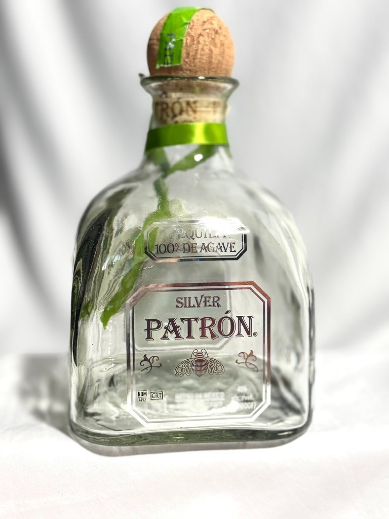 Large Silver Patron Tequila Bottle, 1.75L, Glass Bottle with Ribbon And Cork