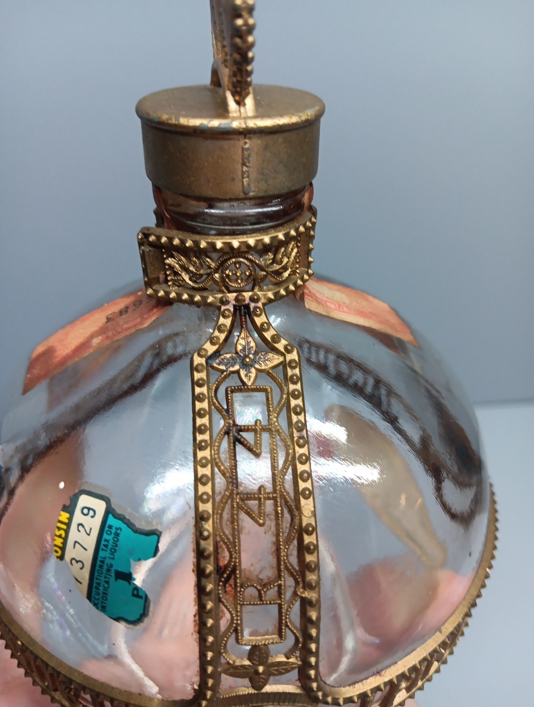 VTG MCM JACQUIN’S Forbidden Fruit Liquor Bottle Round Glass Ornate 1 Pint 1844