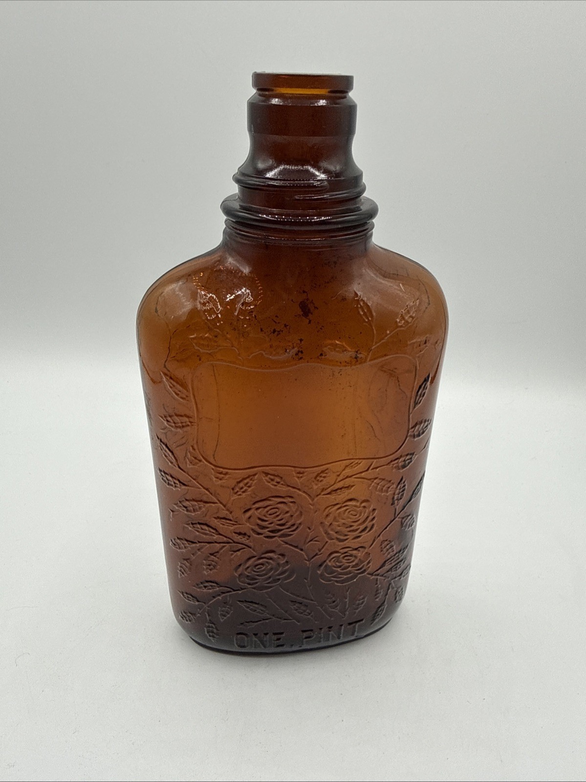 Vintage Four Roses Whiskey Amber Glass Bottle One Pint Embossed Liquor