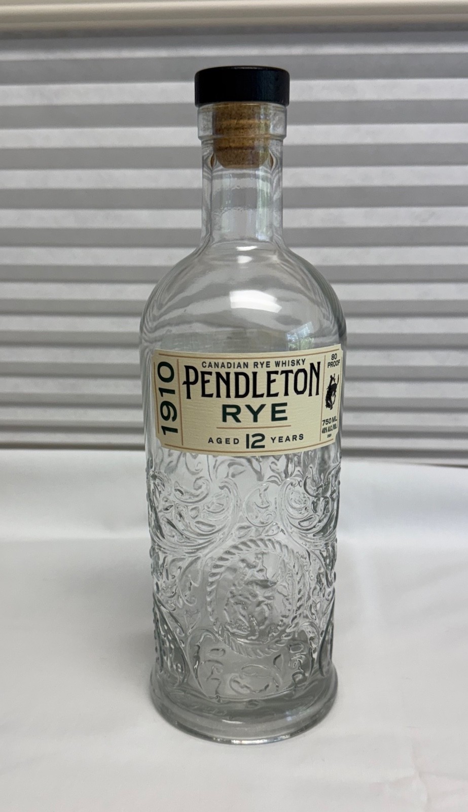 Empty 1910 Pendleton Canadian Rye Whisky Bottle 750ml Arts Crafts Embossed Glass