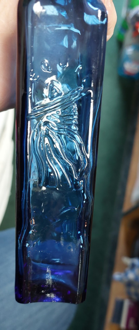 Vintage QUITA PENAS Tequila Cobalt Blue Embossed Bottle 8″ HTF Size