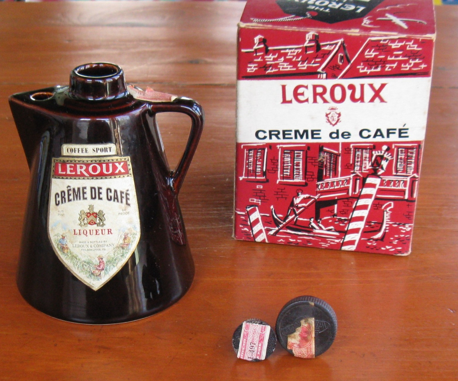1960s Empty Leroux Creme de Cafe Liqueur Brown Glazed Bottle/Jug & Original Box