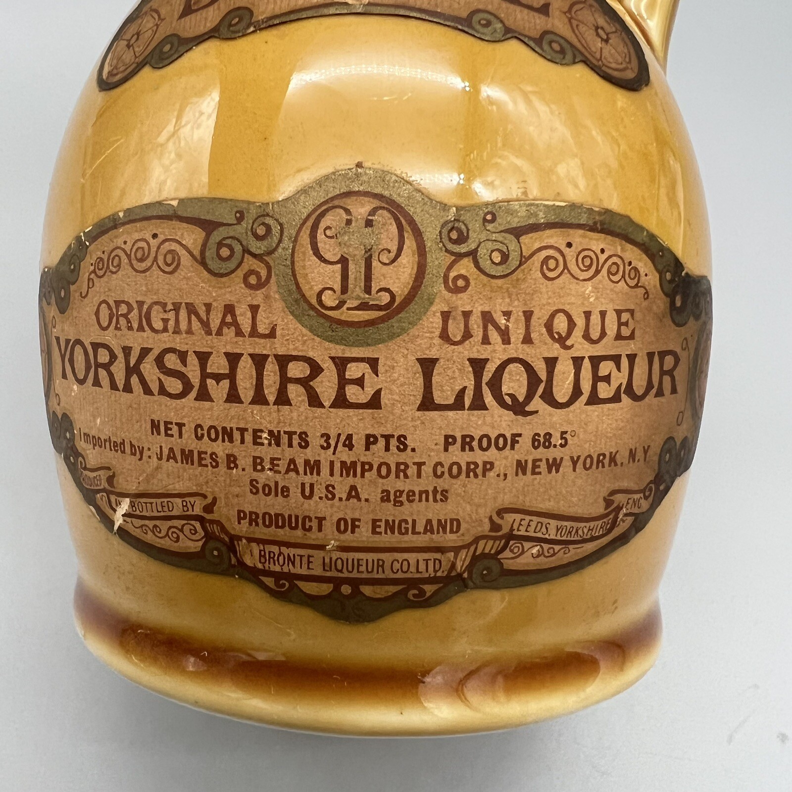 VTG Jim Beam Bronte Yorkshire Liqueur Pottery Jug ¾ pts 68.5 Proof Empty EUC