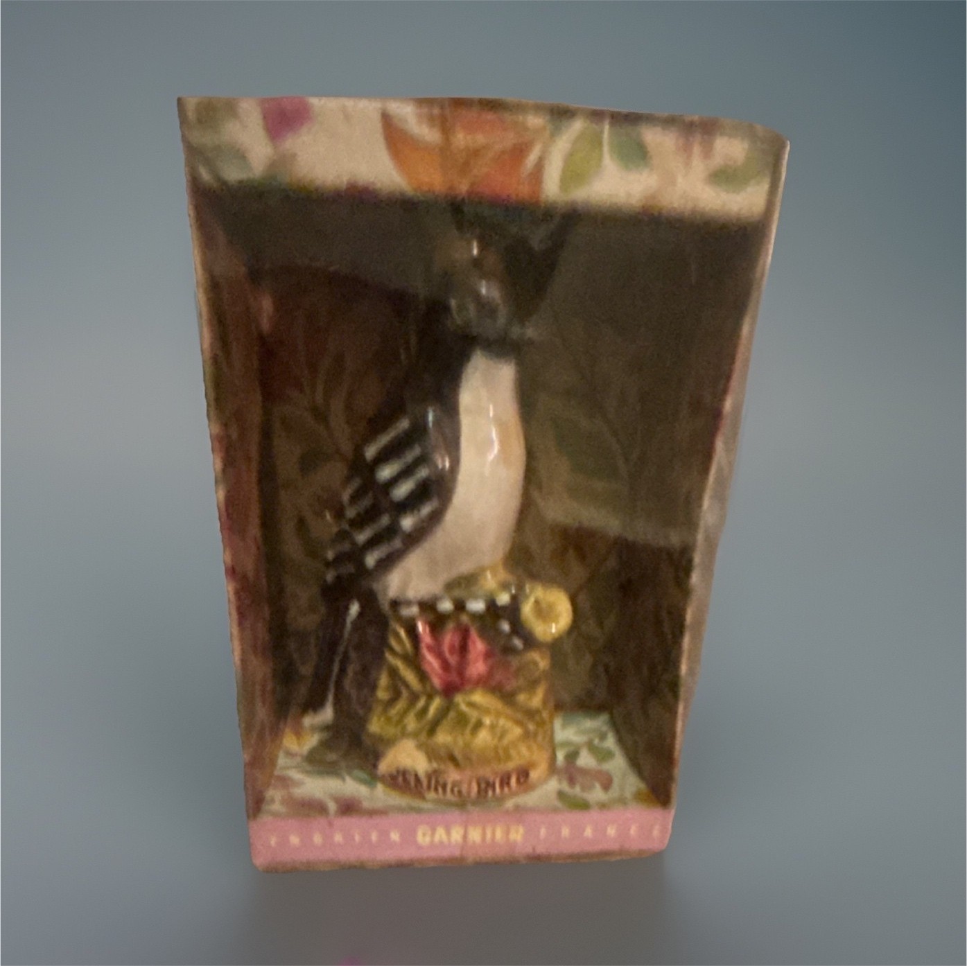 Garnier Mockingbird Shaped Liquor Bottle Collectible Brown Yellow Red Green