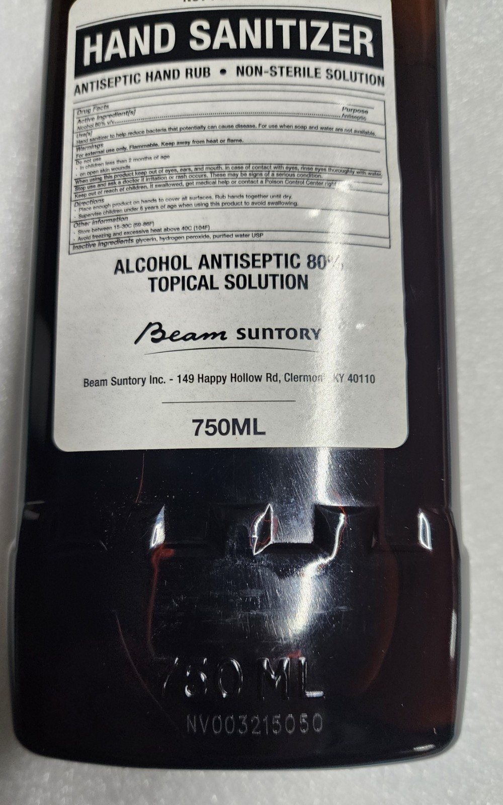 Jim Beam Suntory Whiskey Co non alcoholic Hand Sanitizer Bottle Fifth 750 ml