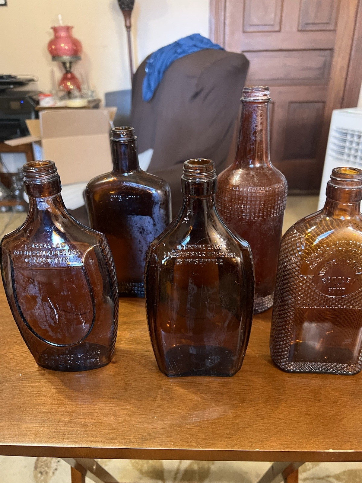 Lot of 5 Amber Brown Glass Liquor Bottles and Flasks – Various Styles