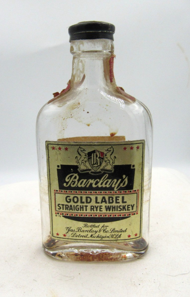 1940’s Barclay’s Gold Label Rye Detroit Mich 4″ Clear Whiskey Nip Bottle