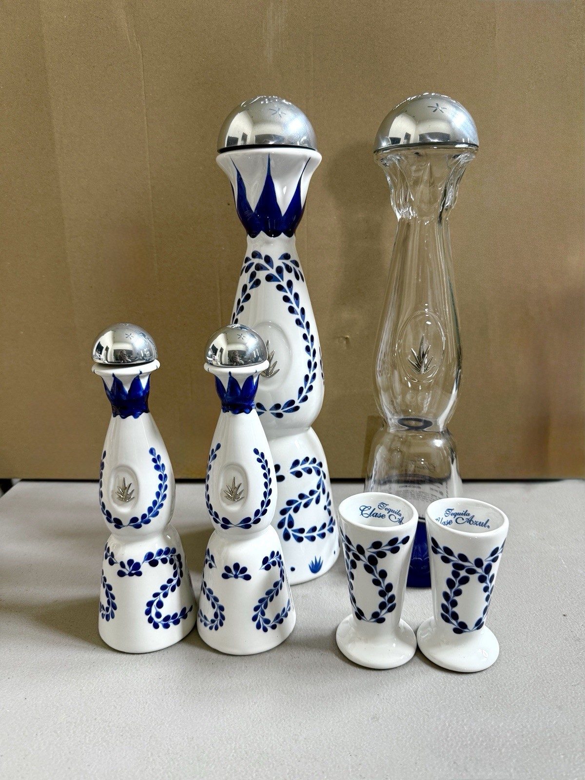 Clase Azul Collectible Liquor Bottles & Shot Glasses Blue White Ceramic Set