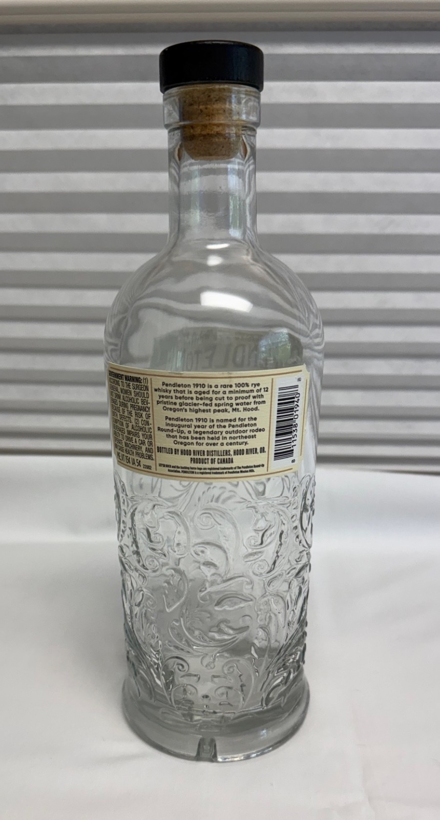 Empty 1910 Pendleton Canadian Rye Whisky Bottle 750ml Arts Crafts Embossed Glass