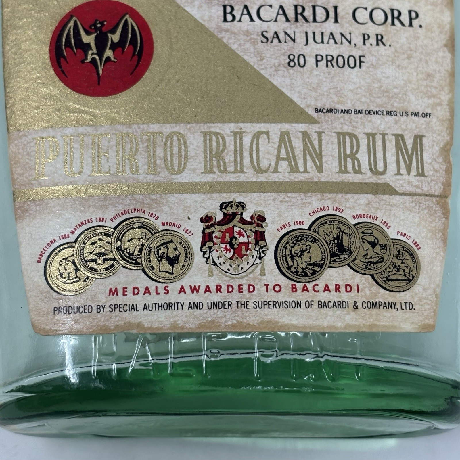 VTG Ron Bacardi Amber Label Glass Liquor Bottle Puerto Rico Rum Half Pint Empty